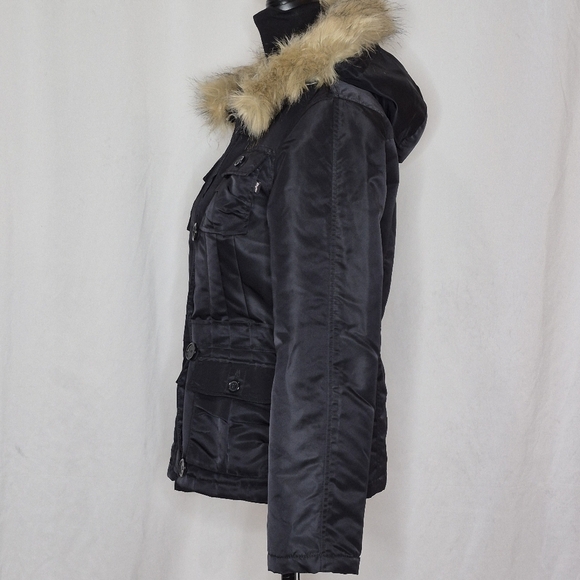 Alpha Industries Adrienne Black Nylon Jacket Attached Hood Removable Fur Trim -S - Picture 2 of 16